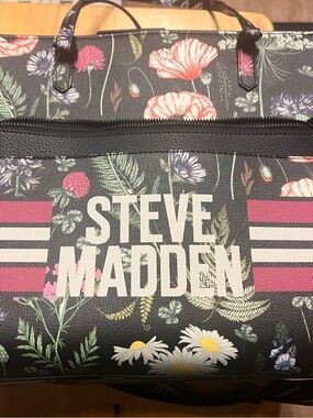 Steve Madden Black Floral Logo Tote with Pink Stripes